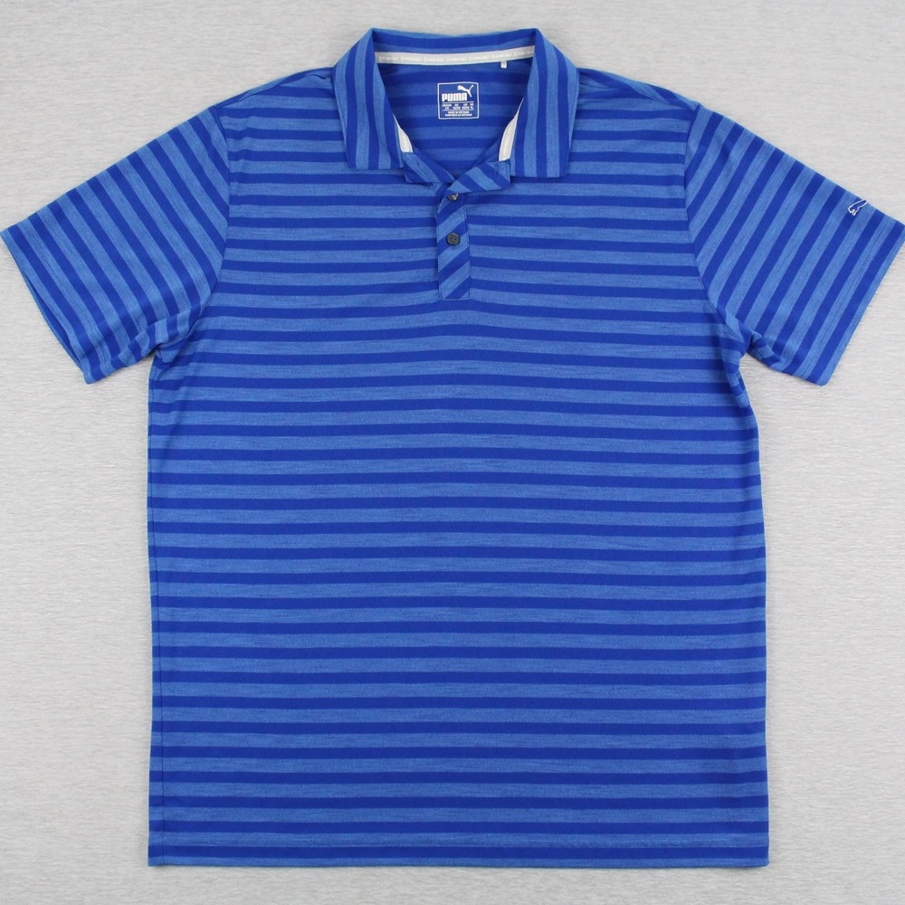 Puma Golf Polo Shirt Mens Size L Blue Striped Polyester Nylon
